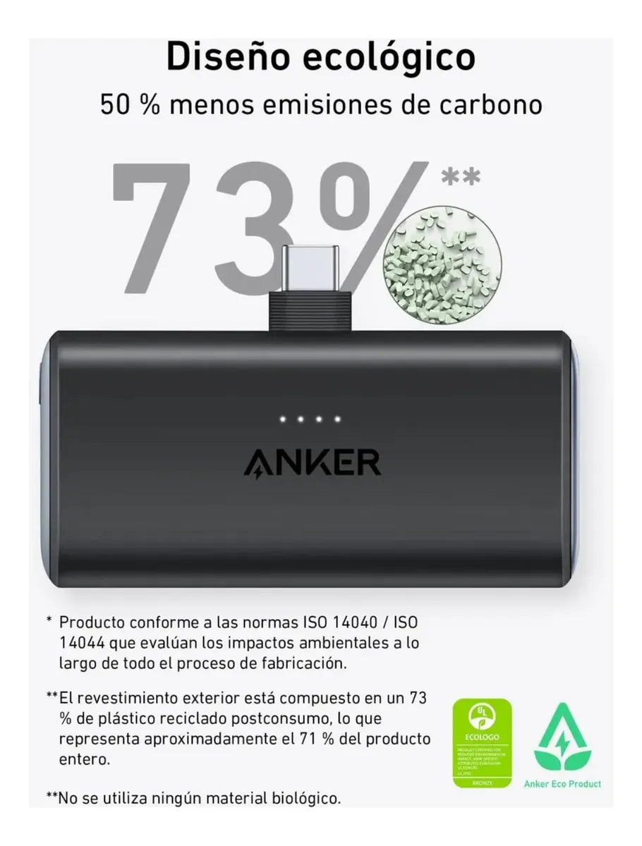 Batería Portátil Anker Nano 22.5W con Conector USB-C Integrado | 5000mAh | Carga Rápida | Ultra Compacta | Negro