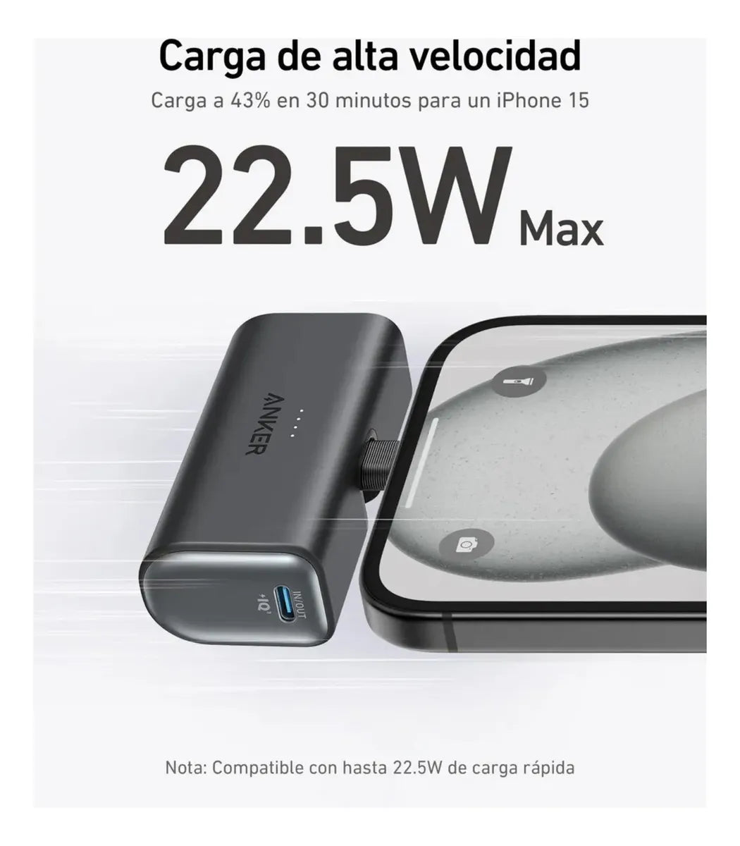 Batería Portátil Anker Nano 22.5W con Conector USB-C Integrado | 5000mAh | Carga Rápida | Ultra Compacta | Negro